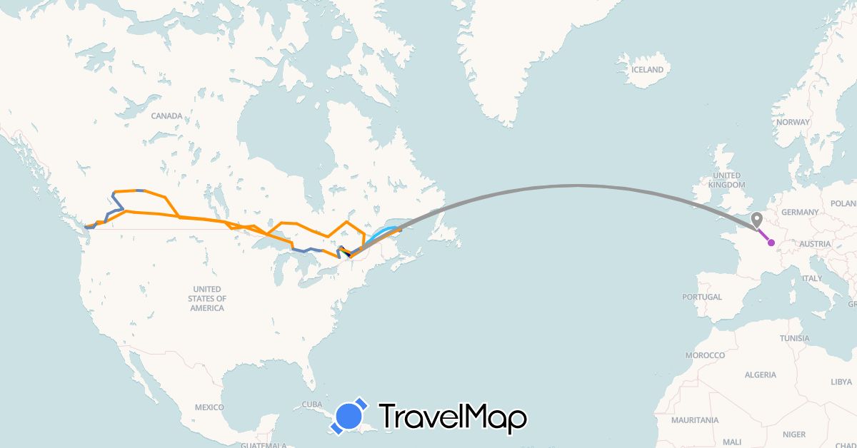 TravelMap itinerary: driving, bus, plane, cycling, train, boat, hitchhiking in Canada, France (Europe, North America)